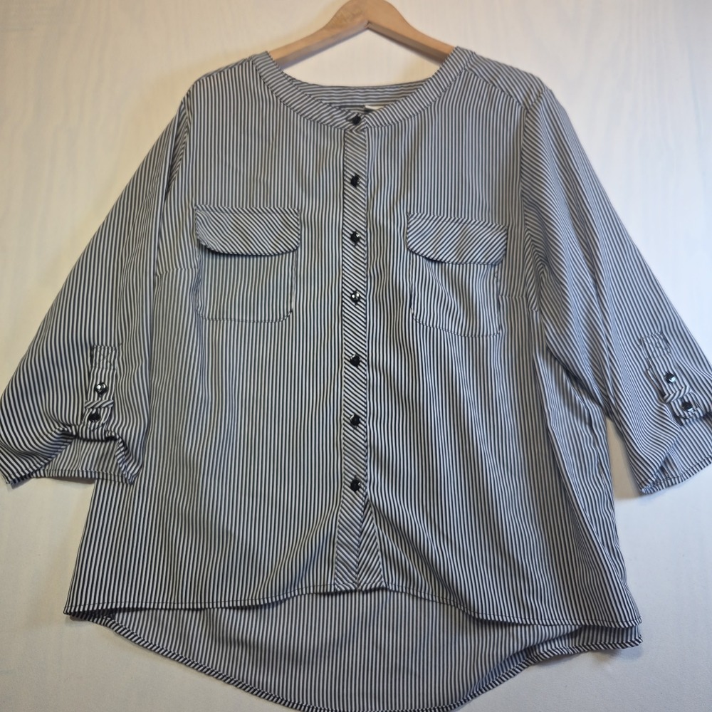 Kim Rogers Woman 3X Black White Striped Button Front Blouse Roll Tab Sleeve Stre